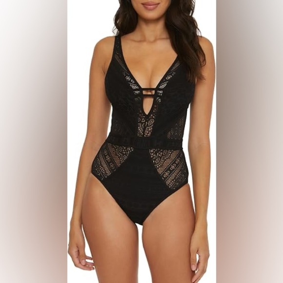 BECCA Women's Color Play One Piece Swimsuit, Plunge Neck, Crochet, Bathing Suits - Picture 1 of 8